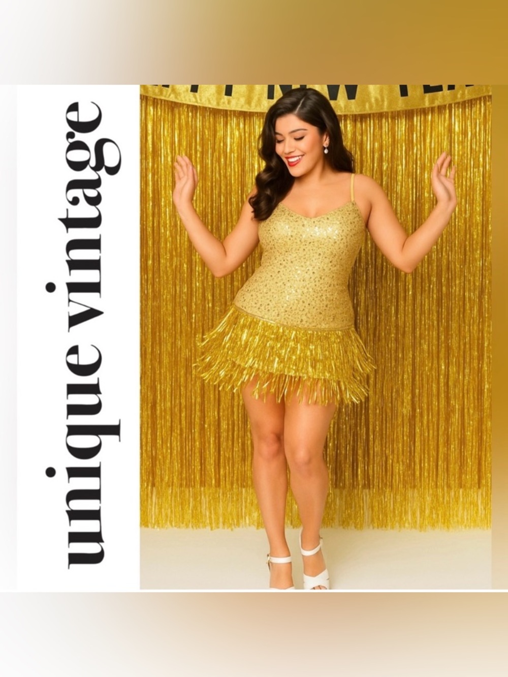 Unique Vintage 1920s Gold Sequin & Tinsel Fringe Mini Dress, Medium, NWT!